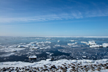 Sparse drift ice groups leaving the shore