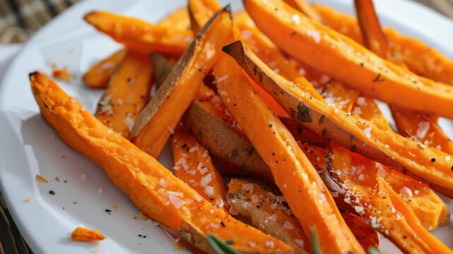 A plate of crispy garlic and salt seasoned sweet potato fries, ready to eat.