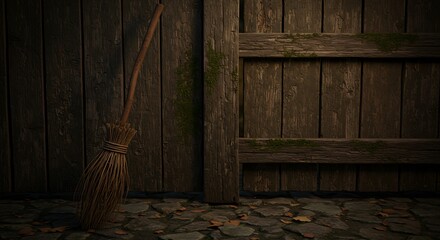 Aged wooden fence and a broom resting against it.