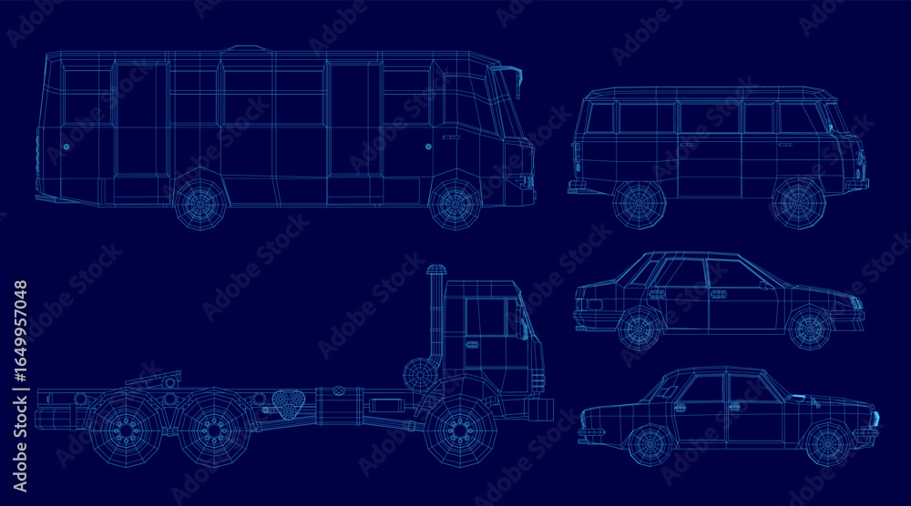Poster blueprint of a car and truck with detailed wireframe design on a blue background, showcasing mechani