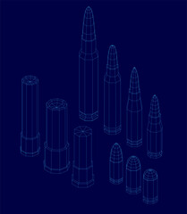 A symmetrical wireframe pattern of bullets in various shapes and sizes stands out against a solid blue background. The clean white outlines contrast sharply with the deep blue.
