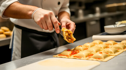 Mid section of chef preparing ravioli with stuffing at restaurant kitchen