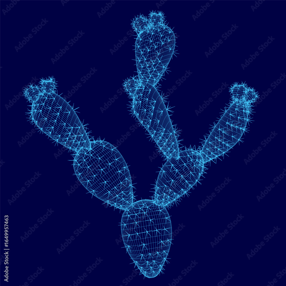 Poster a wireframe cactus composed of geometric shapes and clean lines stands out against a dark blue backg