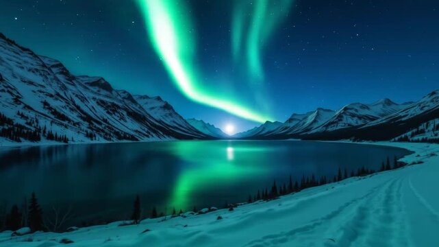 Swirl of Light Over a Snowy Mountain Lake at Night. 4k video