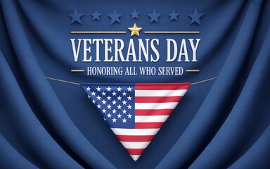 Photo of veterans day honoring all who served with american flag and stars on a blue draped background
