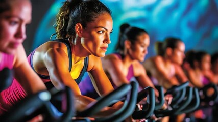 Women Cycling Intensely in a Spin Class - Powered by Adobe