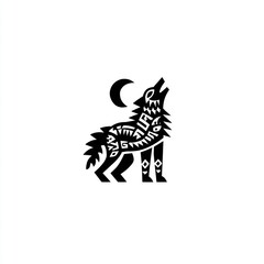 Fototapeta premium Stylized wolf howling at the moon, rendered in bold black on a white background