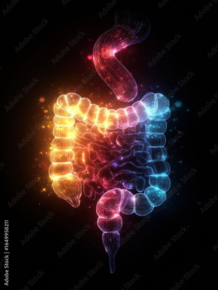 Poster colorful digital rendering of human intestines with glowing lights displaying anatomical structure a