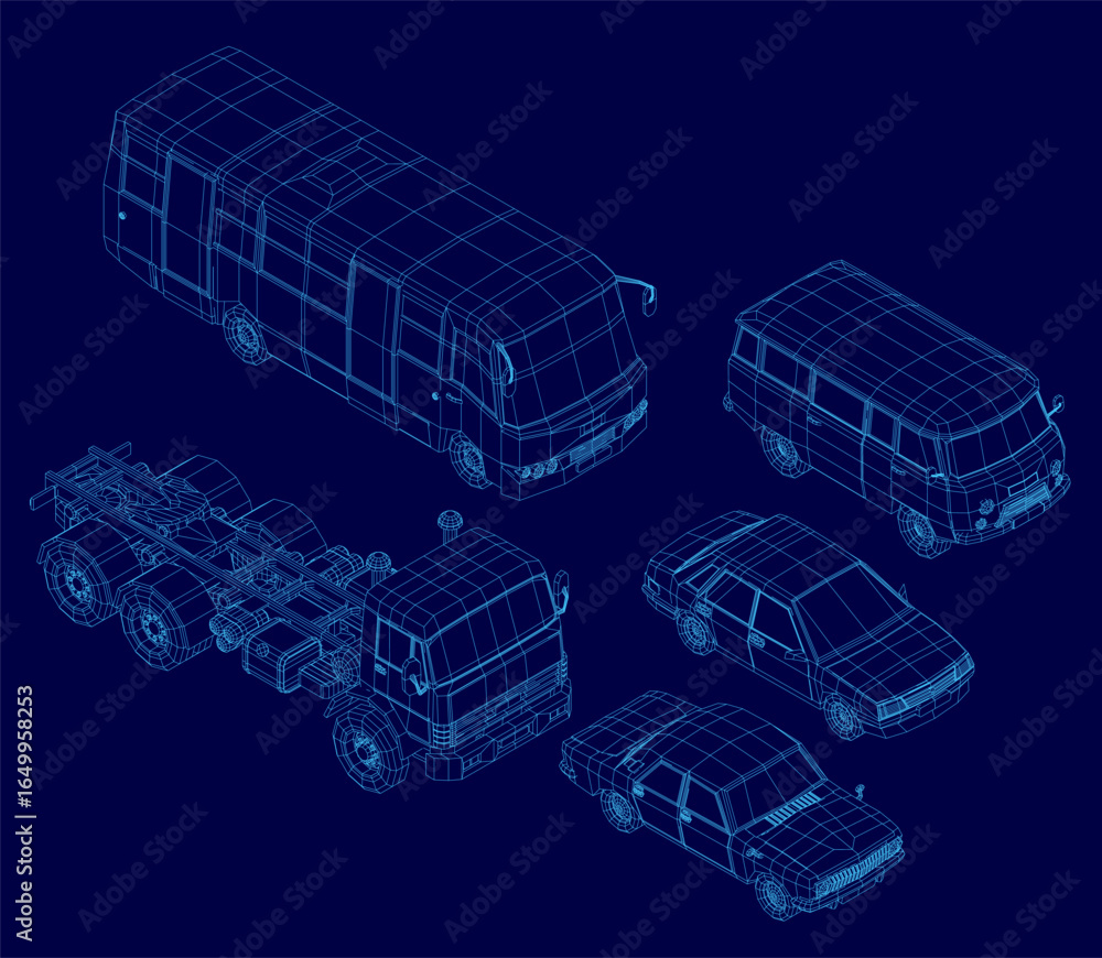 Poster a detailed 3d wireframe model of a truck and car on a solid blue background, showcasing the vehicles