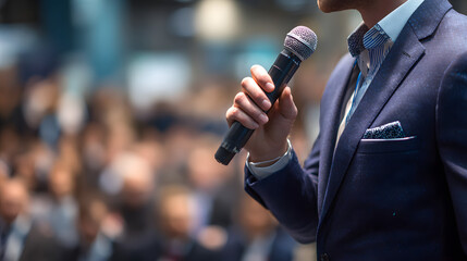 Confident speaker holding microphone addressing audience at professional event, conveying expertise and engaging presence