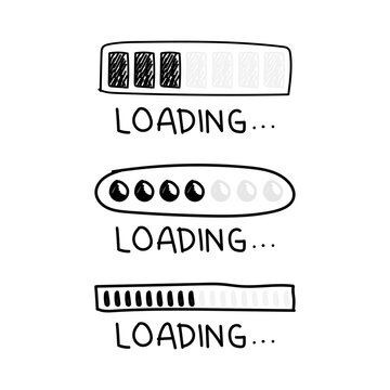Sketch design loading bar illustration in black and white. Hand drawn cartoon style progress bar