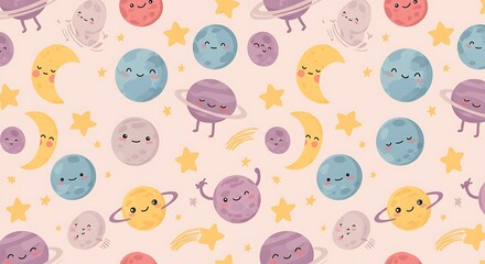 Fototapeta premium Cute cartoon planets and moons seamless pattern on pastel background.