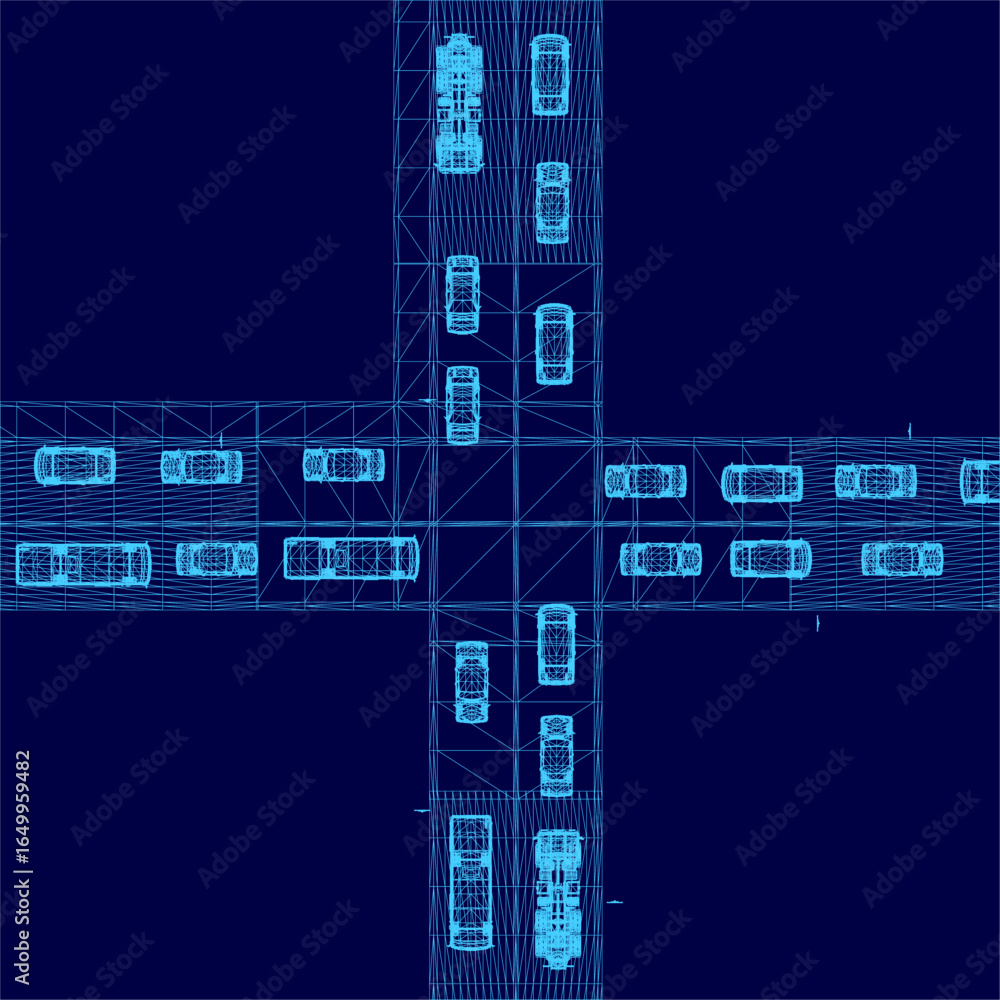 Poster blueprint of a building with multiple cars displayed in wireframe style, set against a dark blue bac