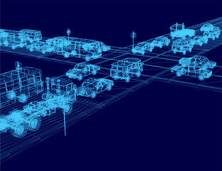 A 3D wireframe model of a highway features multiple cars arranged in a precise grid pattern. Each vehicle displays unique design details, including headlights, grilles, and wheels.