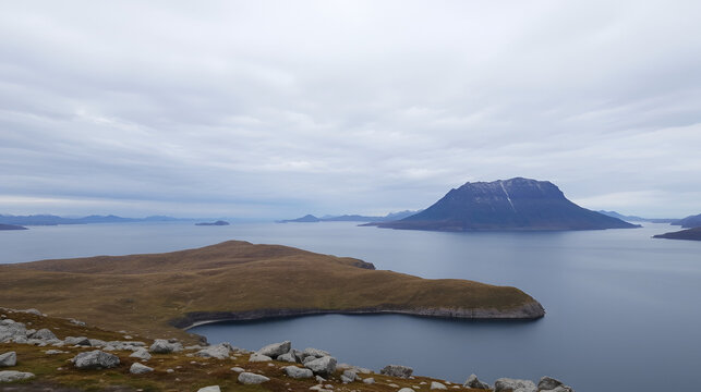 View over Langvatnet-lake from N.shore. TverrelfTindan mountain on S.shore. 0020