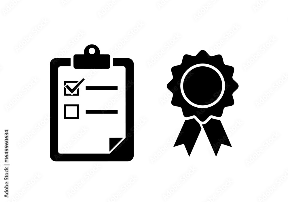 Poster vector checklist document with checkbox markings alongside a winner's rosette illustration