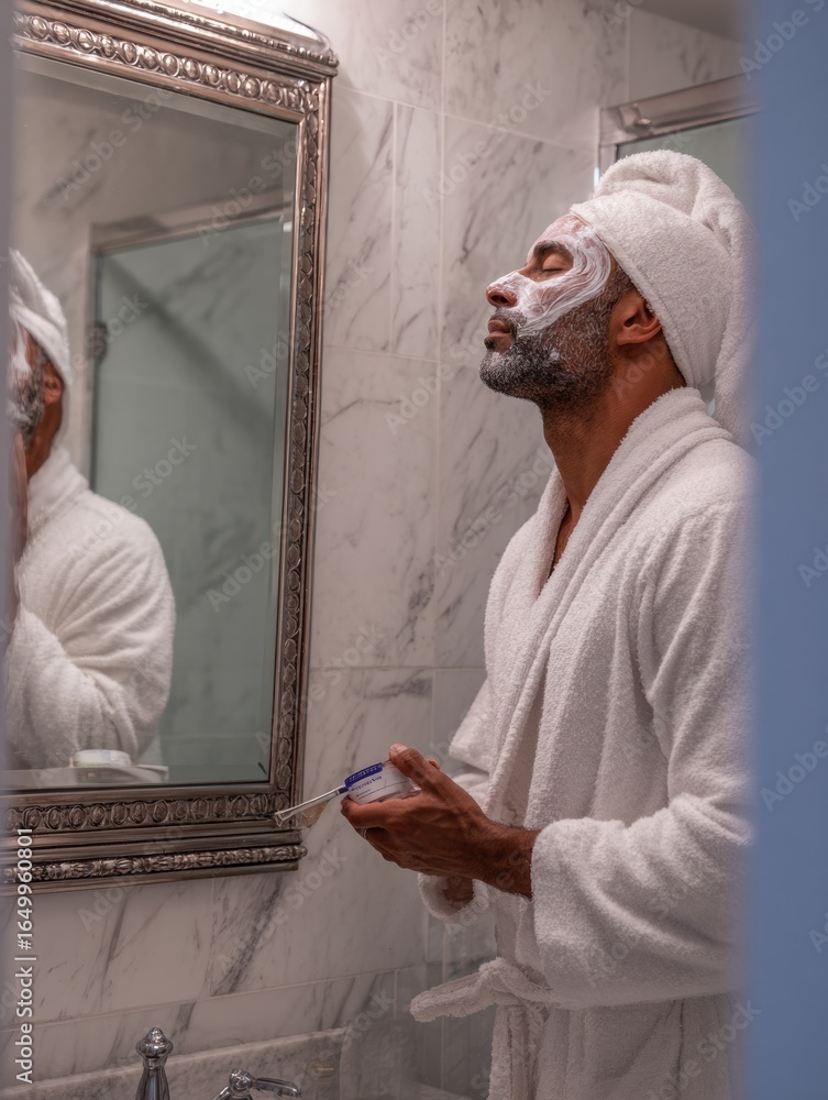 Poster man enjoying a skincare routine in a marble bathroom while applying facial mask and looking in the m