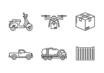 Delivery Transportation Icons Set Displaying Scooter, Drone, Box, Pickup Truck, Tanker, and Container