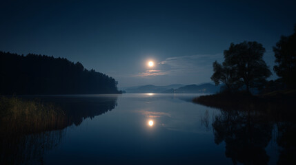 An artistic shot focusing on the serene reflection of the full moon on a calm, dark pond in a Japanese garden. 
