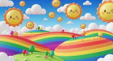Cartoon Landscape with Rainbow Hills, Smiling Suns, and Clouds
