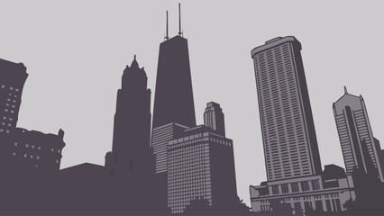 Urban skyline graphic illustration with towering modern architecture from a low angle, showcasing a high-contrast metropolitan cityscape.