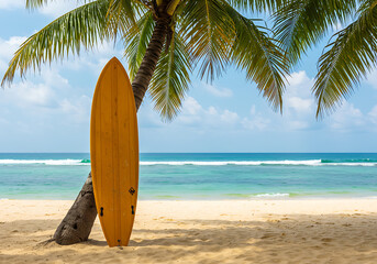 Surfboard resting against a palm tree on a sandy beach with ocean waves in the background on a sunny day.