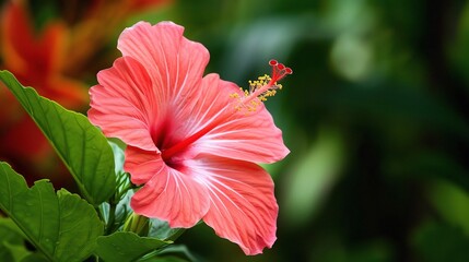 Vibrant hibiscus flowers in bright red and pink hues, with large, ruffled petals and yellow stamens, blooming in a sunny garden alongside green leaves, symbolizing tropical beauty and summer charm