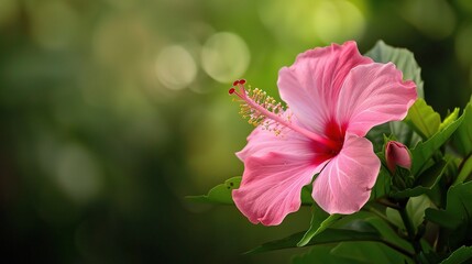 Vibrant hibiscus flowers in bright red and pink hues, with large, ruffled petals and yellow stamens, blooming in a sunny garden alongside green leaves, symbolizing tropical beauty and summer charm