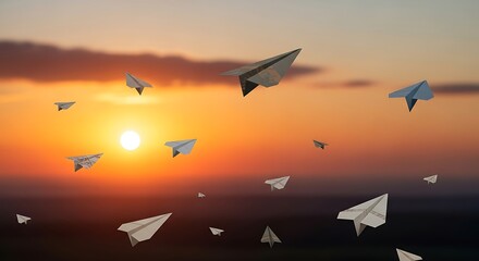 Fototapeta premium Paper Airplanes Flying at Sunset Sky - Freedom Concept