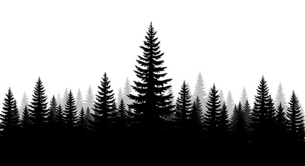 Fototapeta premium Evergreen Forest Silhouette Against White Background in Black and Gray
