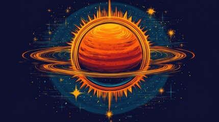 Abstract artistic depiction of a vibrant orange planet with rings in space