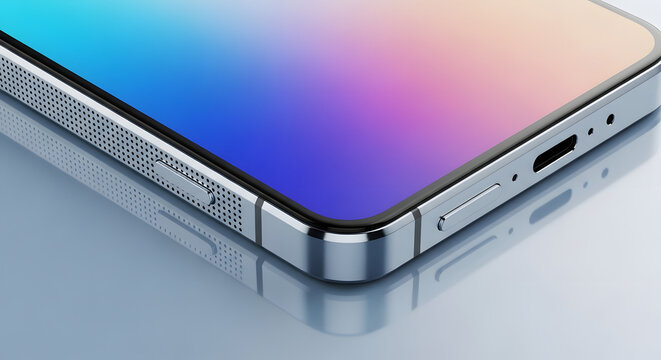 Close-up showcasing a modern smartphone design with a seamless display blending vibrant colors, accentuated by the sleek metal frame and subtle detailing, reflecting innovative engineering and