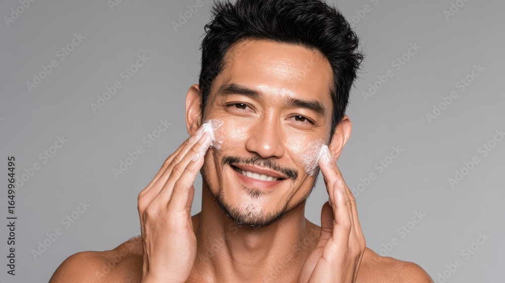 Poster grooming routine with skincare for men in studio setting during daytime