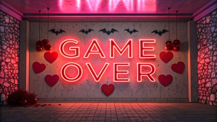 Game over neon sign with hearts and bats on moody wall blending gaming, broken love, dark romance and halloween vibes in pink red cyberpunk lighting