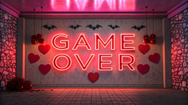 Game over neon sign with hearts and bats on moody wall blending gaming, broken love, dark romance and halloween vibes in pink red cyberpunk lighting