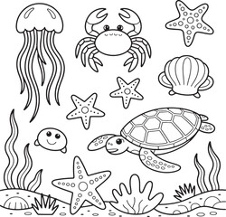 Collection of cute cartoon sea creatures and plants in black and white outline ocean marine life