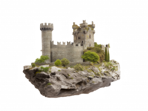 Miniature model of a medieval castle with towers and turrets on a rocky outcrop, isolated on transparent background