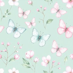 Seamless floral pattern with abstract blue pink flowers and leaves. Watercolor colorful print in rustic vintage style, textile or wallpapers background