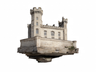 Medieval castle with cylindrical towers and battlement-topped rooftops on rocky foundation, transparent background