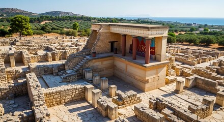 [Ancient Minoan Palace of Knossos ruins in Heraklion, Crete, Greece on a sunny day.]