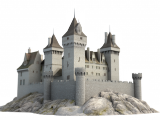 3D rendering of a medieval castle with stone architecture and transparent background