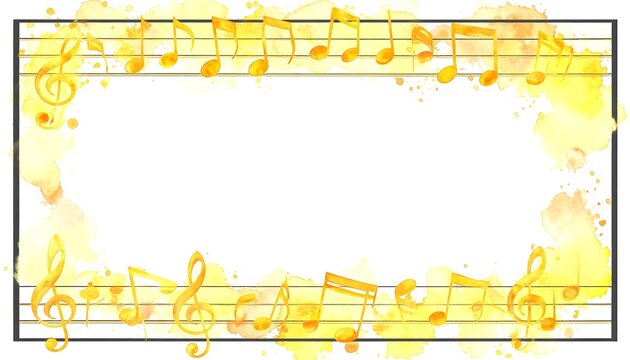 Watercolor music notes frame design with yellow musical symbols.