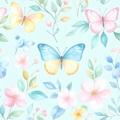 Fototapeta premium Seamless floral pattern with abstract blue pink flowers and leaves. Watercolor colorful print in rustic vintage style, textile or wallpapers background