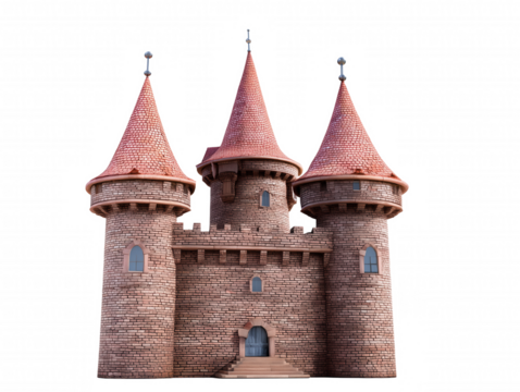 Medieval European-style castle with three towers and transparent background