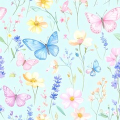 Seamless floral pattern with abstract blue pink flowers and leaves. Watercolor colorful print in rustic vintage style, textile or wallpapers background