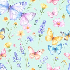 Seamless floral pattern with abstract blue pink flowers and leaves. Watercolor colorful print in rustic vintage style, textile or wallpapers background