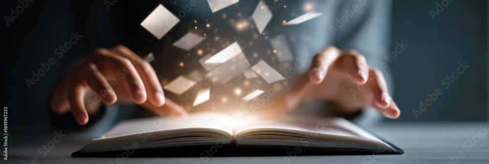 Poster hands open a book as glowing pages float above, showcasing the magic of reading and imagination in a