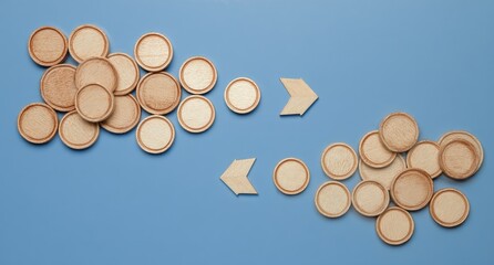 Light brown circular wooden tokens/coins arranged in clusters on a light blue background.  Arrows indicate movement from one cluster to another