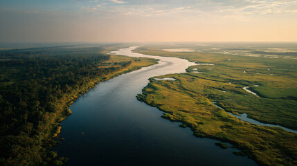 An educational, wide shot of the Tonle Sap River, highlighting the unique seasonal phenomenon of its reverse flow. The image shows the vastness of the river