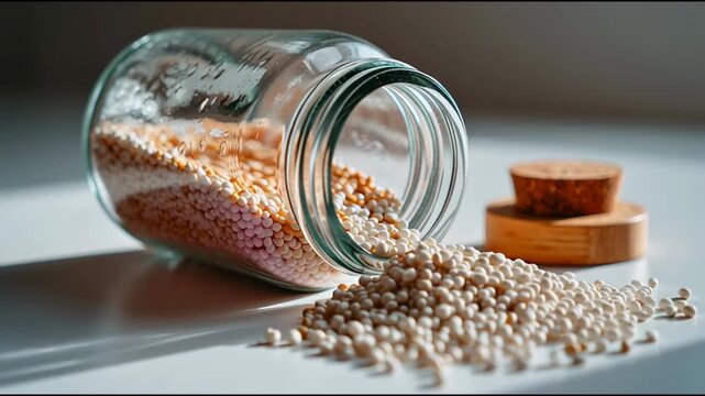 Close-up side view of a transparent glass jar spilling small spherical plastic pellets across a smooth white surface, representing polymer raw materials for manufacturing.